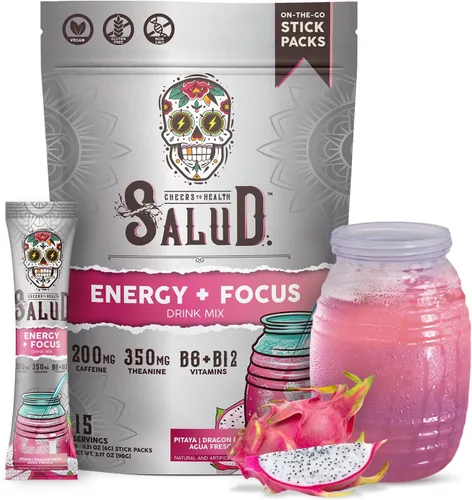 Vista 15 de Salud 2-en-1 Polvo para Bebida Energética + Enfoque, Sabor Cereza Lima, Cafeína Orgánica, B6 + B12, Teanina, Paquetes de Bebida Energética Limpia
