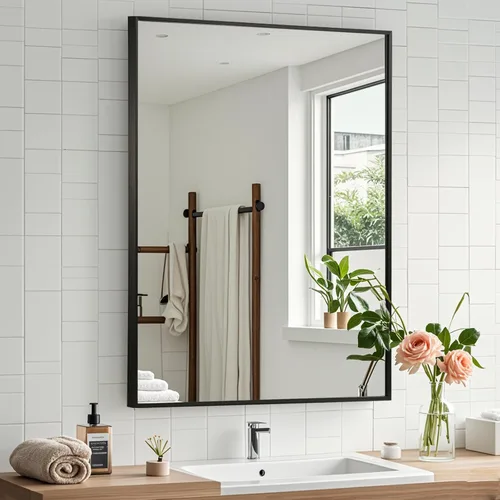 Vista 9 de Espejo de baño negro de 22"x30", espejo rectangular con marco de metal negro mate, espejo de tocador con esquinas cuadradas, espejo para pared