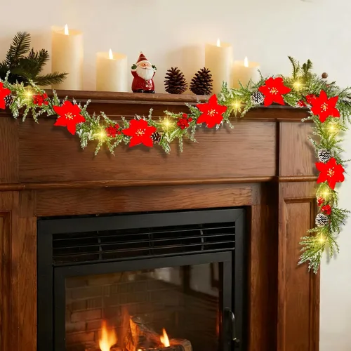 Vista 3 de DR.DUDU Guirnalda de Navidad artificial preiluminada de 6 pies con 20 luces LED, funciona con pilas con piñas, bayas rojas, agujas de pino, corona