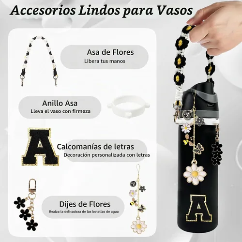 Vista 3 de Lindo juego de dijes de letras compatibles con botella de agua Owala de 24 onzas, 32 onzas, 40 onzas, para Owala Kids, para vaso de café Owala