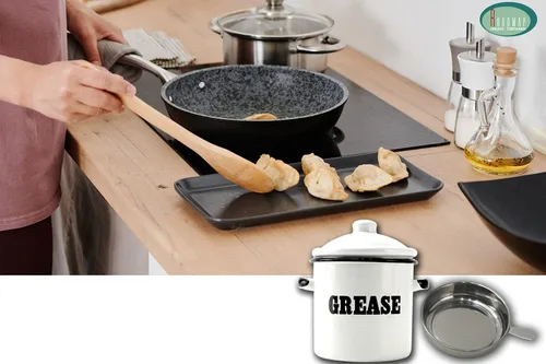 Vista 6 de Roadmap Recipiente de grasa de tocino esmaltado blanco de 1.5 L con colador, recipiente de grasa con patrón de letras, protector de grasa de tocino