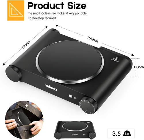 Vista 3 de CUSIMAX estufa eléctrica portátil, 1200 W, infrarroja, una hornilla, se calienta en segundos, 7 pulgadas de vidrio cerámico, para dormitorio