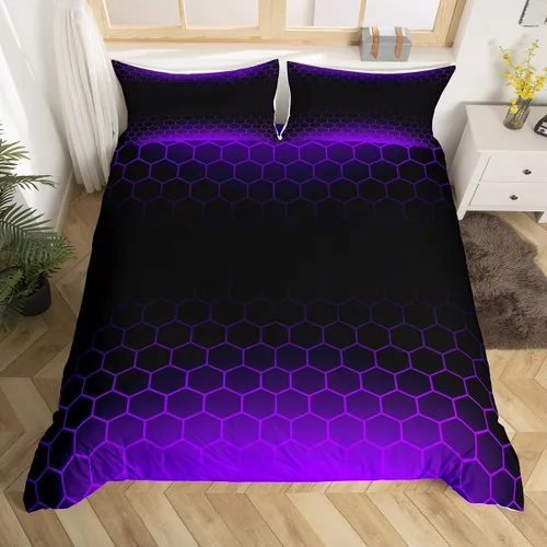 Vista 19 de Juego de ropa de cama geométrica de panal verde y azul, funda de edredón hexagonal estereoscópica para niños y niñas, funda de edredón hexagonal
