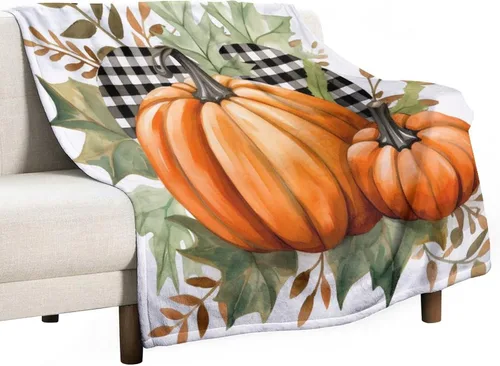 Vista 26 de Manta de lana cuadriculada con diseño de calabaza, hojas de arce, Acción de Gracias, manta de cama para otoño, Acción de Gracias, ligera, súper