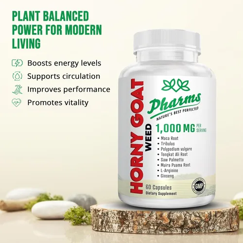 Vista 3 de PHARMS Hornygoatweed para hombres y mujeres (1,000 mg) - Cápsulas de energía y resistencia con raíz de maca, tribulus, tongkat ali, palma enana