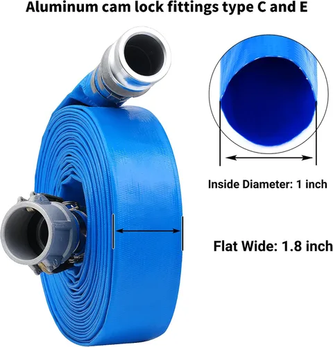Vista 2 de Manguera de descarga plana de PVC de 1 pulgada x 50 pies con accesorios de aluminio Camlock C y E, montaje de bloqueo de leva, conjunto de manguera