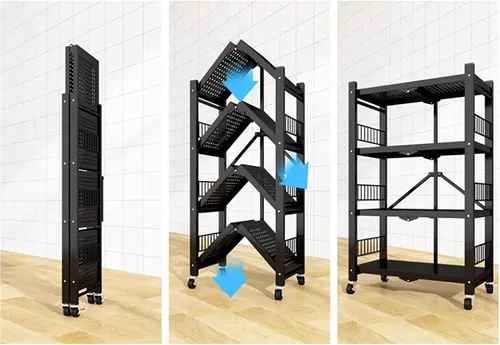 Vista 3 de Estante de almacenamiento plegable para estantes, estantes plegables de metal de 4 niveles con ruedas, estantes y estantes de almacenamiento