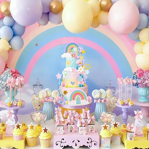 Vista 3 de MEMOVAN Decoración de Tarta Arcoíris con Macarones, Adornos de Tarta Groovy con Bolas de Macarrón, Adornos de Tarta de Flores de Margarita