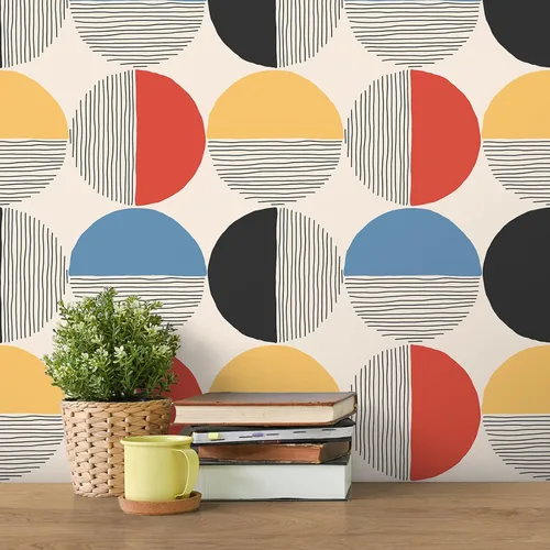 Vista 6 de VEELIKE Papel tapiz geométrico moderno para despegar y pegar, papel tapiz geométrico bohemio de mediados de siglo para dormitorio y baño, 17.7 x 118