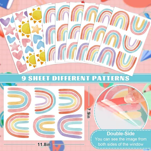 Vista 2 de AnyDesign 9 hojas de calcomanías de ventana de arco iris bohemio que se adhiere a la escuela, corazón, sol, estrella, doble cara, calcomanías