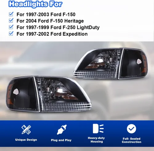 Vista 3 de ROXX Conjunto de faros delanteros con luces de esquina para Ford F150 1997-2003 y Ford Expedition 1997-2002/Para Ford F250 Light Duty 1997-1999, par