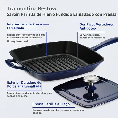 Vista 4 de Tramontina Bestow - Sartén de hierro fundido esmaltado de 11 pulgadas con prensa, color azul