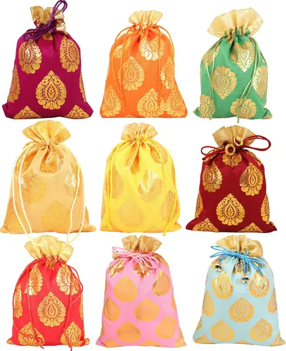 Vista 24 de Touchstone Preciosas bolsas de regalo reutilizables, respetuosas con el medio ambiente, brocado de cachemira con cordón grande para cumpleaños