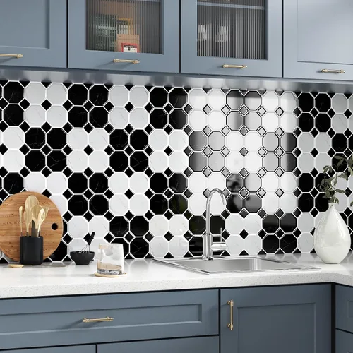 Vista 2 de Wallercity Azulejos de Mármol Negro/Blanco Despegar y Pegar Salpicadero 12''x12'' Cocina Piedra Impermeables Autoadhesivos Aspecto de Mármol