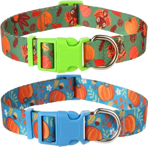 Vista 8 de Collar de otoño para perros pequeños, paquete de 2 collares de perro de Acción de Gracias con patrón de arce y flores, ajustable y suave de llevar