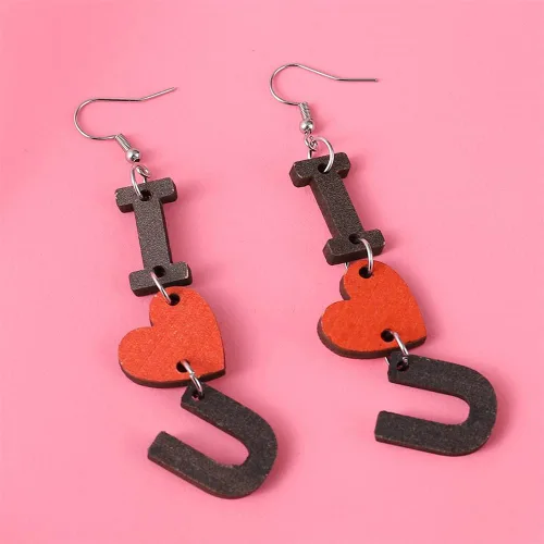 Vista 7 de Aretes únicos de madera creativos con letras de amor, únicos para el día de San Valentín, flecha, en forma de corazón, para mujeres, niñas, Día