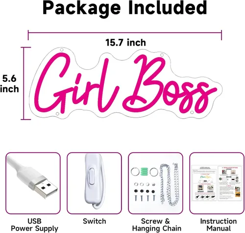 Vista 4 de Girl Boss - Letrero con luz LED USB rosa neón para dormitorio de niñas, decoración de pared del hogar, oficina, decoración de pared, letrero de arte