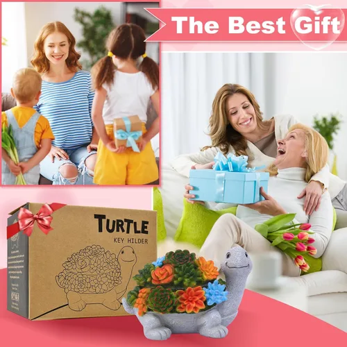 Vista 2 de Estatua oculta de llave de tortuga para exteriores, bonita tortuga suculenta oculta una llave decorativa para exteriores, pequeña caja de regalo