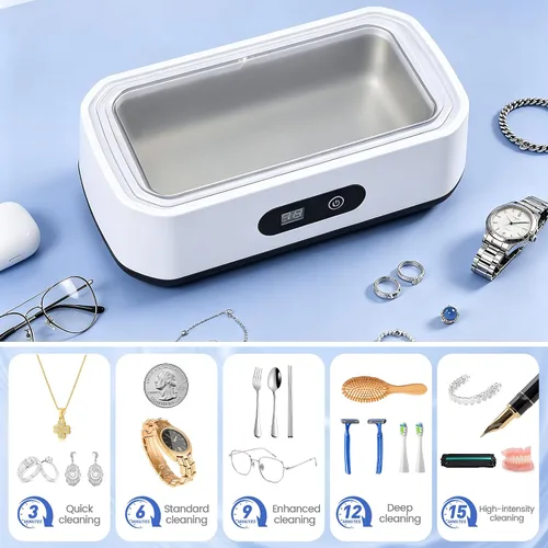 Vista 2 de Limpiador ultrasónico de joyas, máquina de limpieza ultrasónica de 49 KHz para joyas, gafas, anillos, correa de reloj, retenedor de dentaduras