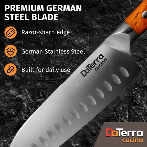 Vista 4 de DaTerra Cucina - Cuchillo Santoku de 7 pulgadas - Cuchillo de cocina profesional de acero alemán con mango ergonómico de palisandro, afilado