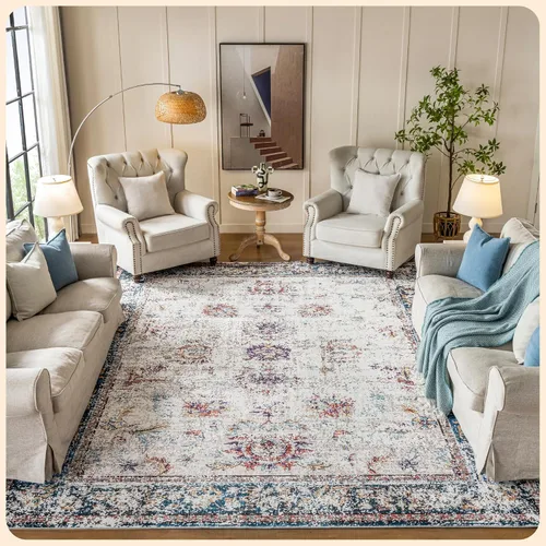 Vista 19 de Istana Alfombra larga antideslizante de 2.5 x 8 para el hogar, para pasillo y cocina, lavable, sedosa y suave al tacto, elegante, color azul y marfil