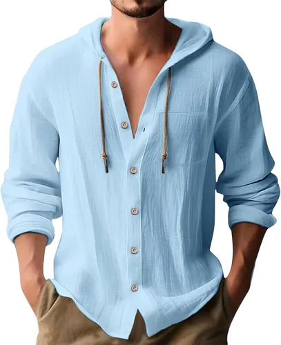 Vista 25 de Camisas de lino para hombre, casual, con botones, de verano, algodón, lino, con capucha, para playa, manga larga, con capucha