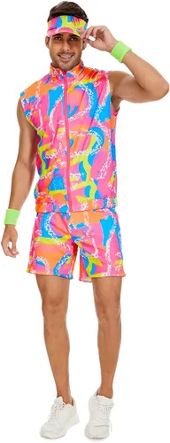 Vista 3 de KBJALQ 80S 90S Workout Costume Halloween Costumes for Adult Mens Cosplay Outfits Swimwear Suit With Sun Hat