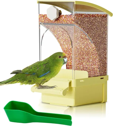 Vista 13 de Hamiledyi Comedero automático para pájaros sin ensuciar, contenedor de comida de semillas de loro acrílico transparente con jaula de perca