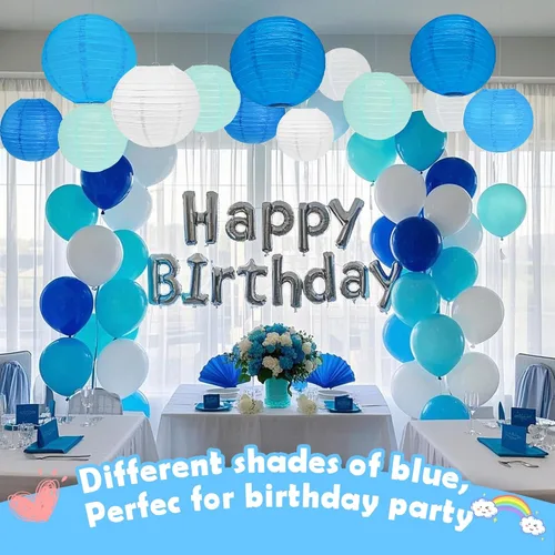 Vista 7 de 12 Linternas de Papel Azul, Blanco y Verde Menta de Tamaños Variados (6" 8" 10" 12") para Decoración del Hogar, Boda, Cumpleaños, Decoraciones