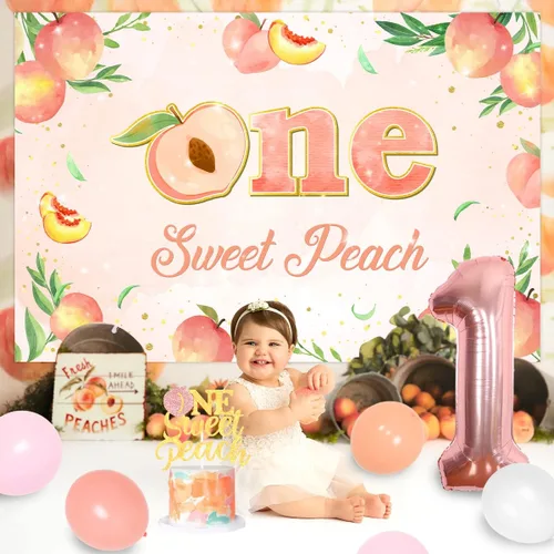 Vista 4 de Decoración de cumpleaños de durazno dulce para el primer cumpleaños, decoración para niñas, un dulce melocotón, telón de fondo para primera silla