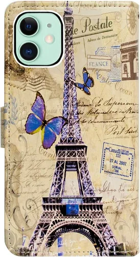 Vista 8 de Bcov Funda para iPhone 12 Pro/iPhone 12, Postal de la Torre Eiffel multifunción Funda de cuero con múltiples ranuras para tarjetas, correa de muñeca