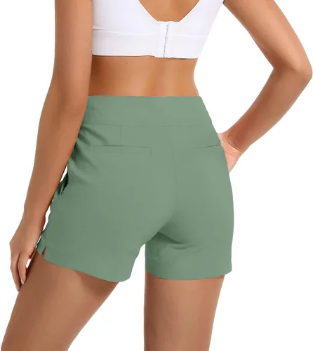 Vista 2 de JAMfit Pantalones cortos chinos para mujer, entrepierna de 4 pulgadas, cintura alta, elásticos, pantalones cortos casuales de verano con 2 bolsillos