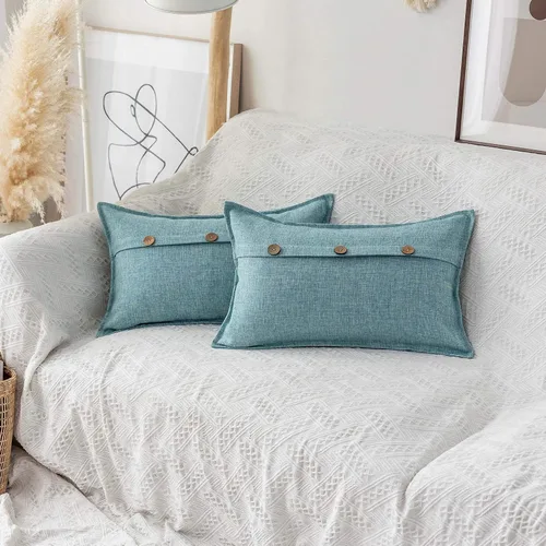 Vista 30 de Home Brilliant Juego de 2 fundas de almohada decorativas con botones, fundas de cojín de lino sintético texturizadas para cama, sofá, banco, 18 x 18
