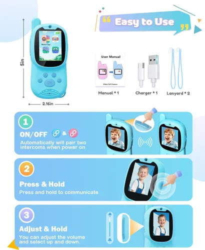 Vista 6 de Walkie Talkies de video para niños, paquete de 2 walkie talkies recargables para niños que pueden enviar mensajes, regalos de Navidad y cumpleaños