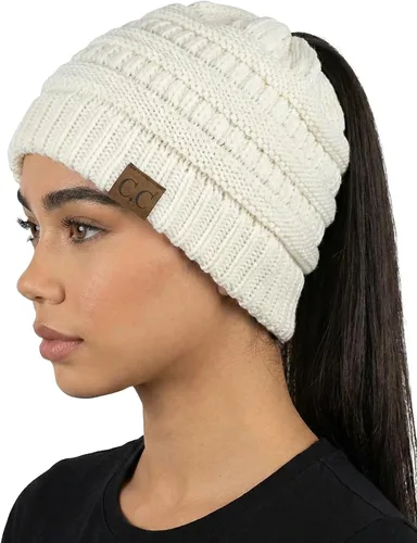 Vista 41 de Funky Junque Gorro de Cola de Caballo para Mujeres - Gorro de Invierno Ponyback Suave Elástico de Punto Trenzado Cola Alta Gorros para Correr