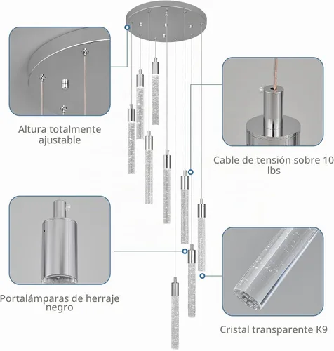 Vista 7 de Lámpara colgante de cristal cromado, 9 luces, regulable, 54 W, 6000 K, escalera, grande, vestíbulo, sala de estar, vestíbulo, techo alto Cromo