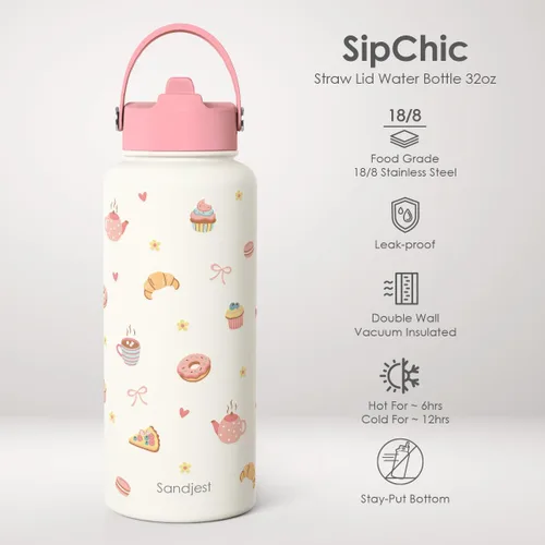 Vista 2 de Regalo de repostería para mujeres, botella de agua de acero inoxidable de 32 oz con tapa y popote, botellas aisladas estéticas de dulces, regalos