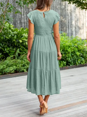 Vista 3 de MEROKEETY - Vestido midi fruncido de manga corta para mujer, vestido de verano casual, acampanado, con cintura elástica y escalonado