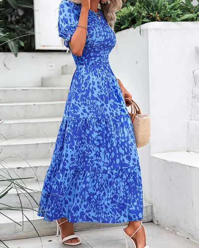 Vista 93 de BTFBM Vestidos para mujer, cuello redondo, casual, de verano, con volantes, manga corta, bohemio, con niveles, fruncido, largo, con estampado floral