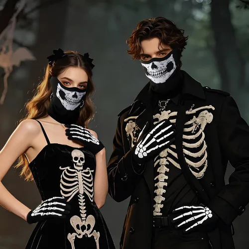 Vista 2 de Juego de guantes de esqueleto y máscara de calavera de Halloween