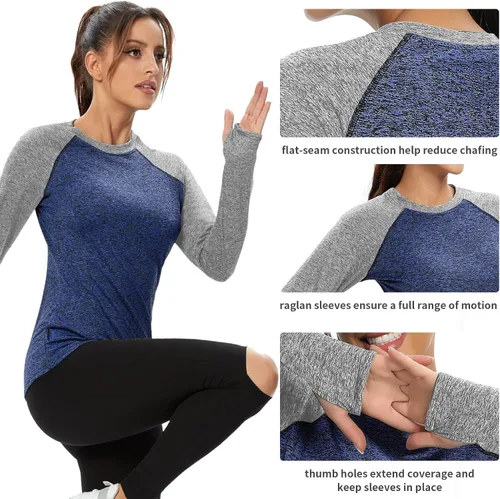 Vista 3 de Soneven Camiseta térmica de manga larga de forro polar para mujer, camiseta de entrenamiento que absorbe la humedad, con agujeros para el pulgar