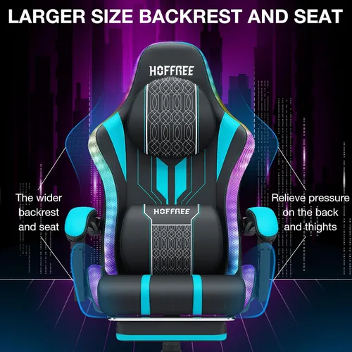 Vista 6 de HOFFREE Silla LED para juegos con altavoces, silla de computadora grande y alta con luces RGB, silla de juego Bluetooth con reposapiés, sillas
