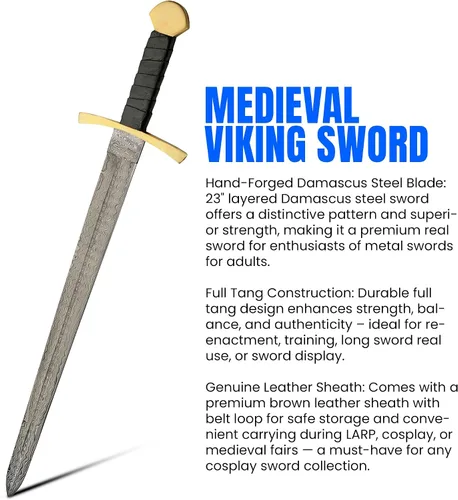 Vista 3 de 30" mango envuelto en cuero Damasco acero medieval réplica amplia espada con funda