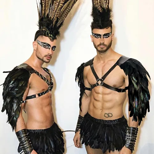 Vista 3 de L'VOW Arnés de plumas góticas para hombre, ajustable, de piel sintética, armadura de hombro, guardias medievales para Halloween y cosplay