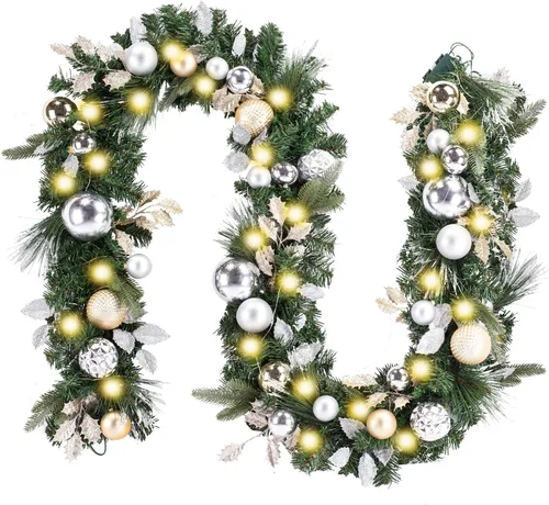 Vista 7 de WANNA-CUL Guirnalda de Navidad preiluminada de 9 pies con luces, 50 esferas 01-plateado azul