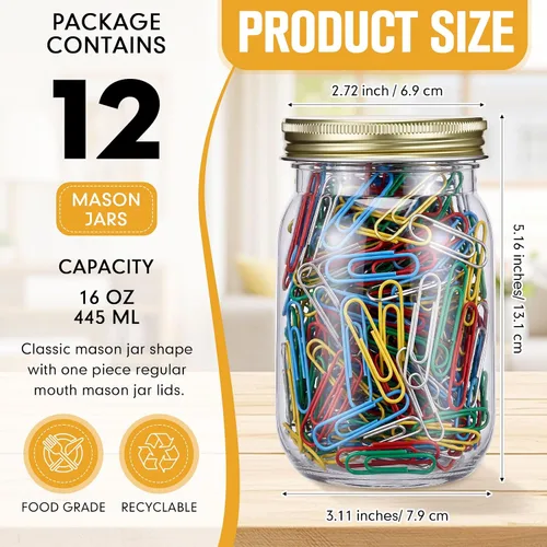 Vista 2 de Gerrii 12 tarros de plástico transparente de 16 onzas con tapas, vasos de cóctel rellenables, envases de avena vacíos durante la noche, recipientes