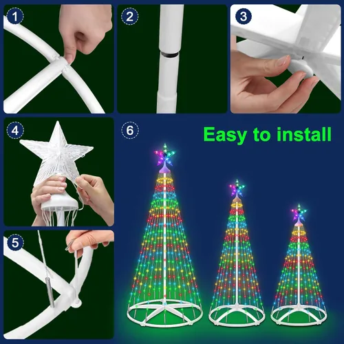 Vista 6 de 3 paquetes de luces de árbol de Navidad en forma de cono, luces de árbol de Navidad de 4' 5' 6' regulables con 12 modos de control remoto, luces