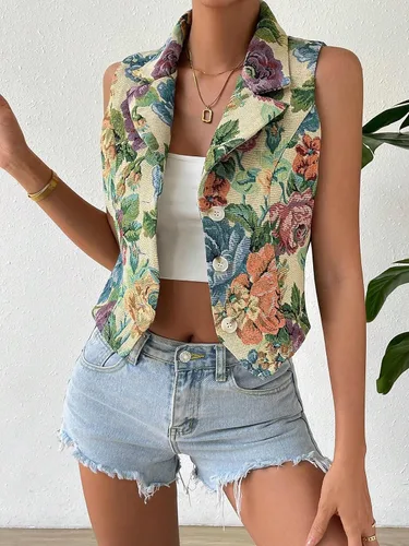 Vista 5 de WDIRARA Chaleco corto casual sin mangas con estampado floral y botones en la parte delantera
