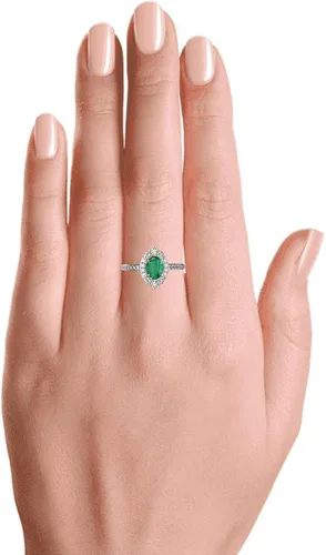 Vista 3 de Anillo de compromiso ovalado de diamantes y esmeralda en oro macizo de 18 quilates, anillo de regalo de piedra natal de mayo