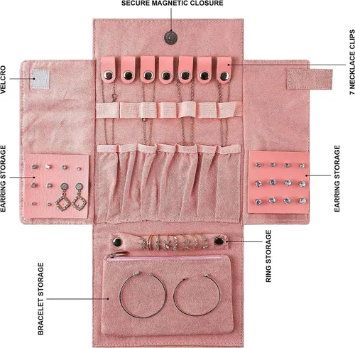 Vista 2 de DONGZHI Estuche organizador de viaje de joyería para mujer, bolsa plegable para anillos, collares, aretes, pulseras, mini, pequeño (gris)